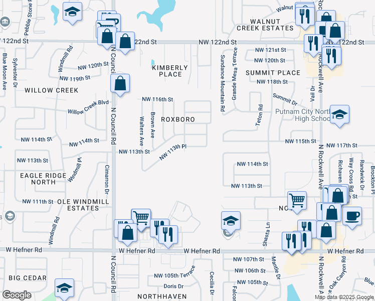 map of restaurants, bars, coffee shops, grocery stores, and more near 7527 Northwest 113th Place in Oklahoma City