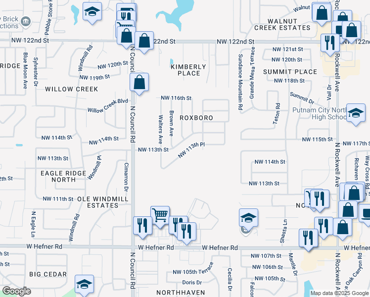 map of restaurants, bars, coffee shops, grocery stores, and more near 7624 Northwest 113th Street in Oklahoma City