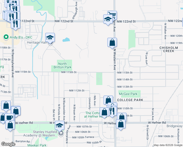 map of restaurants, bars, coffee shops, grocery stores, and more near 1240 Northwest 115th Street in Oklahoma City