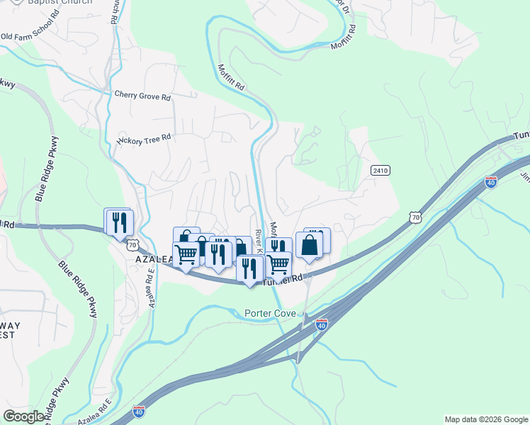 map of restaurants, bars, coffee shops, grocery stores, and more near 31 Moffitt Branch Road in Asheville