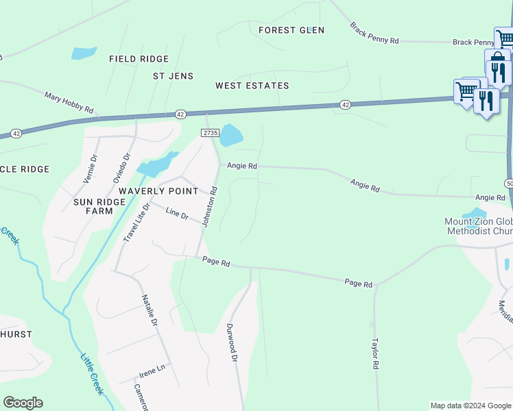 map of restaurants, bars, coffee shops, grocery stores, and more near Freewill Place in Johnston County