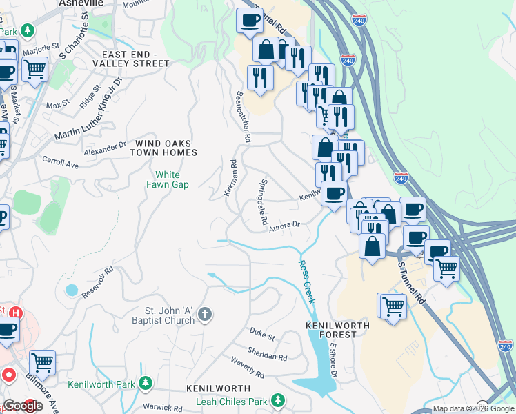 map of restaurants, bars, coffee shops, grocery stores, and more near 23 Springdale Road in Asheville