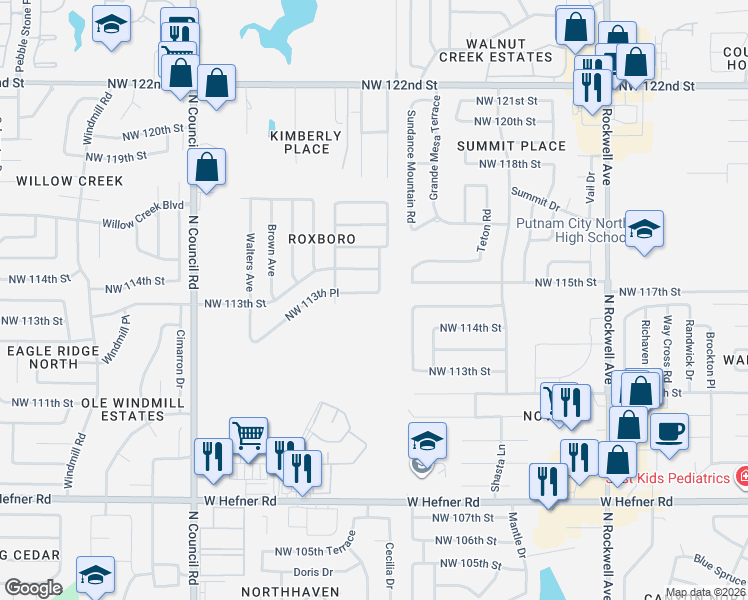 map of restaurants, bars, coffee shops, grocery stores, and more near 7503 Northwest 113th Place in Oklahoma City