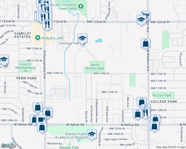 map of restaurants, bars, coffee shops, grocery stores, and more near 11528 North Florida Avenue in Oklahoma City