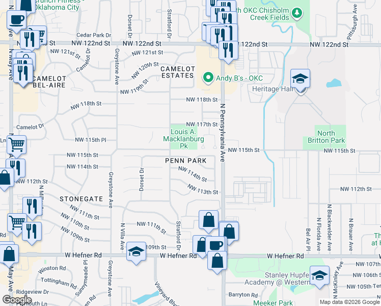 map of restaurants, bars, coffee shops, grocery stores, and more near 2213 Northwest 115th Street in Oklahoma City