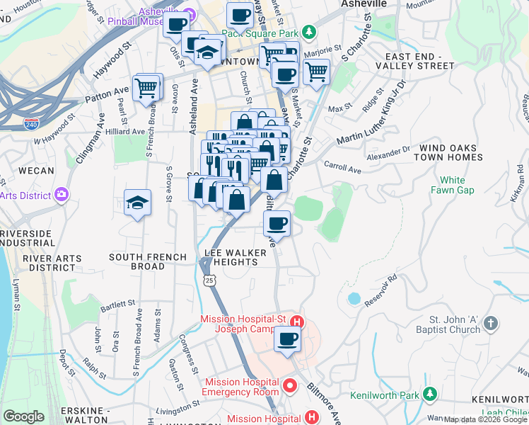 map of restaurants, bars, coffee shops, grocery stores, and more near 42 Southside Avenue in Asheville