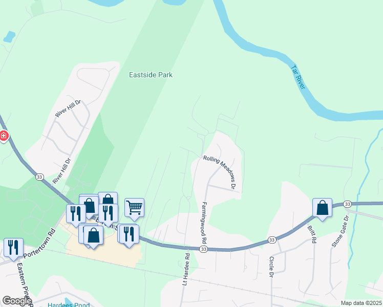 map of restaurants, bars, coffee shops, grocery stores, and more near 317 Hardees Lane in Greenville