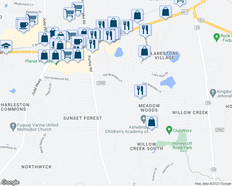 map of restaurants, bars, coffee shops, grocery stores, and more near 405 Marnock Court in Fuquay Varina