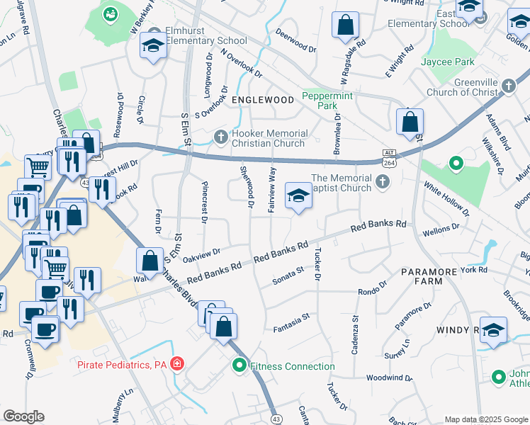 map of restaurants, bars, coffee shops, grocery stores, and more near 1917 Sherwood Drive in Greenville