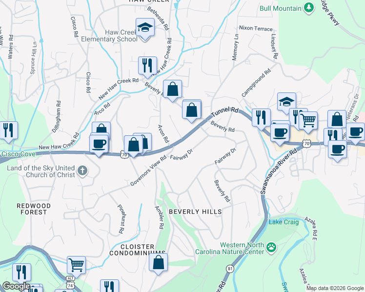 map of restaurants, bars, coffee shops, grocery stores, and more near 915 U.S. 70 in Asheville