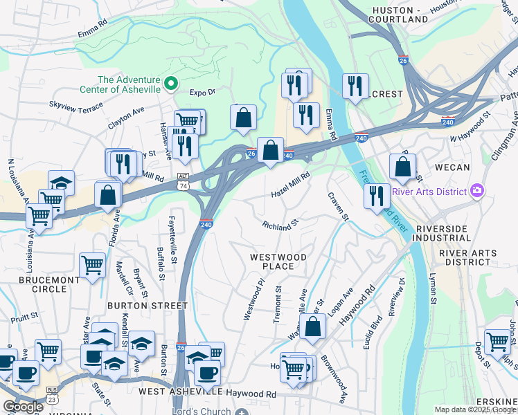map of restaurants, bars, coffee shops, grocery stores, and more near 120 Hazel Mill Road in Asheville