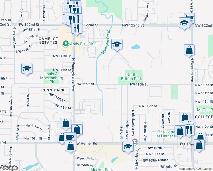 map of restaurants, bars, coffee shops, grocery stores, and more near 1755-1799 Northwest 115th Street in Oklahoma City
