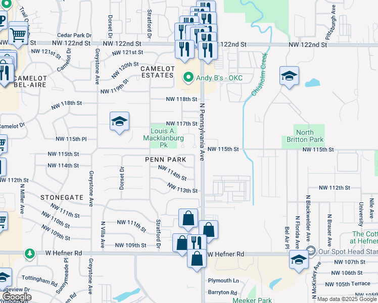 map of restaurants, bars, coffee shops, grocery stores, and more near 2121 Northwest 115th Terrace in Oklahoma City