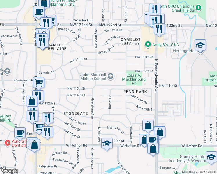map of restaurants, bars, coffee shops, grocery stores, and more near 2409 Northwest 115th Street in Oklahoma City