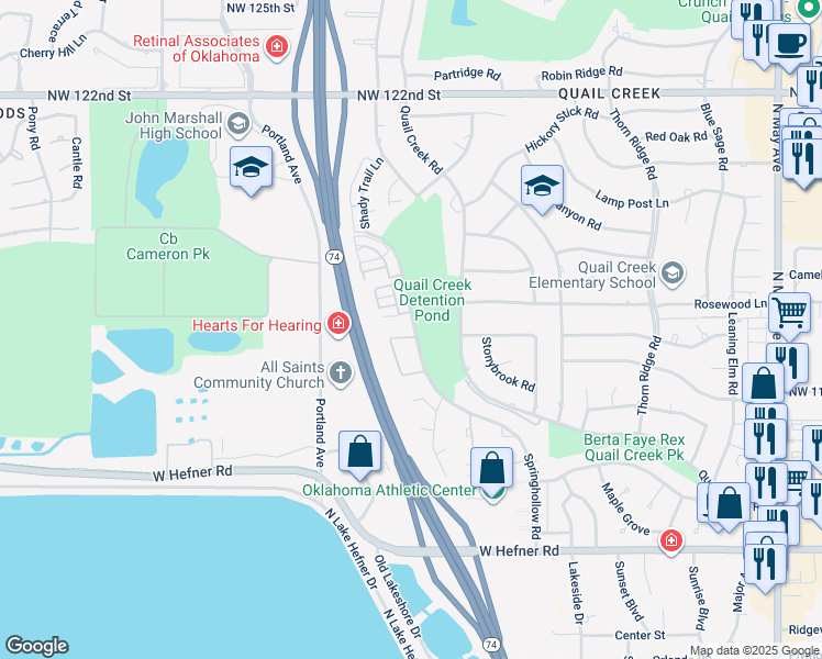 map of restaurants, bars, coffee shops, grocery stores, and more near 11407 Springhollow Road in Oklahoma City