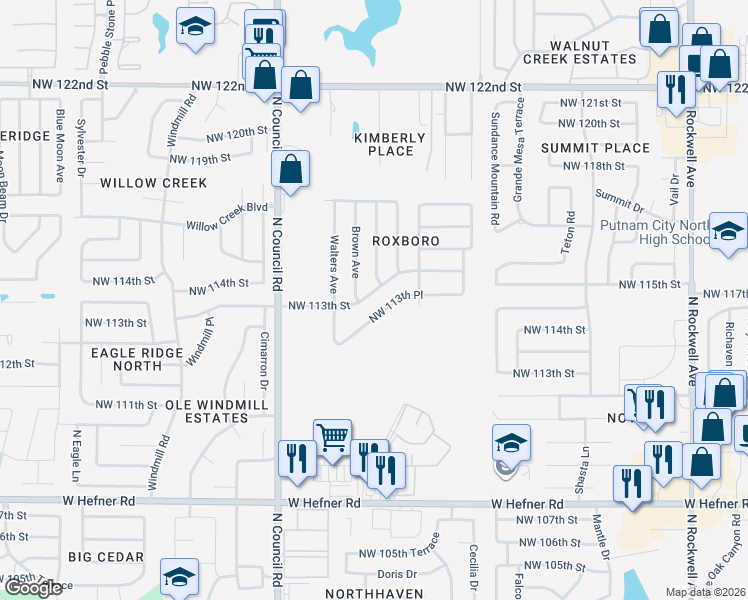 map of restaurants, bars, coffee shops, grocery stores, and more near 7624 Northwest 113th Street in Oklahoma City