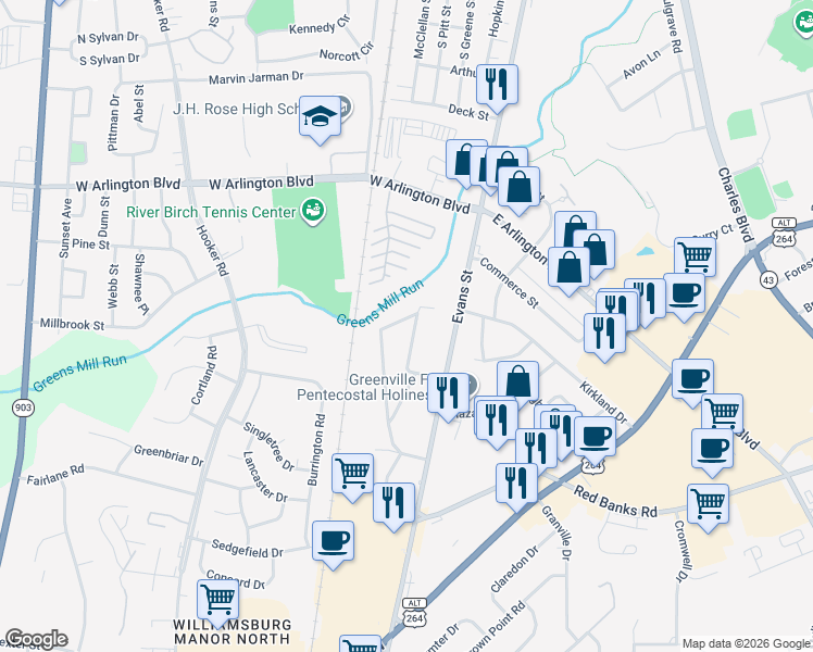 map of restaurants, bars, coffee shops, grocery stores, and more near 110 Lakewood Drive in Greenville
