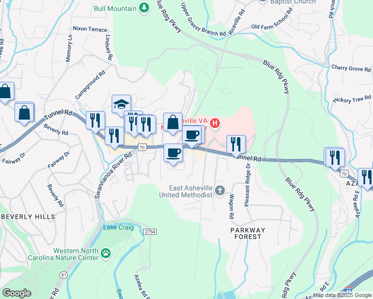 map of restaurants, bars, coffee shops, grocery stores, and more near in Asheville
