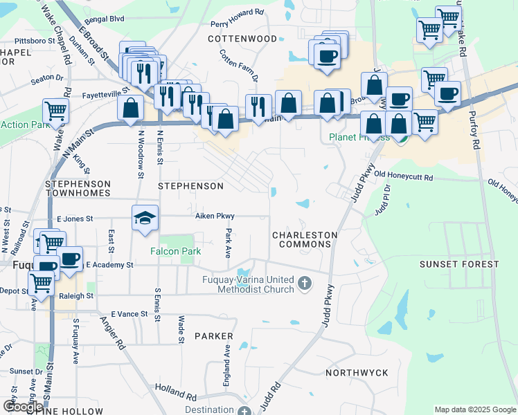map of restaurants, bars, coffee shops, grocery stores, and more near 655 Aiken Parkway in Fuquay Varina