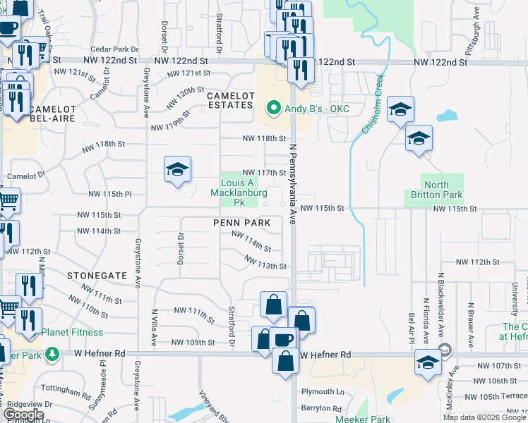 map of restaurants, bars, coffee shops, grocery stores, and more near 2121 Northwest 115th Terrace in Oklahoma City