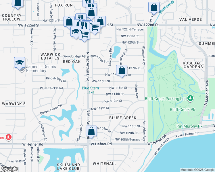 map of restaurants, bars, coffee shops, grocery stores, and more near 5704 Northwest 116th Street in Oklahoma City
