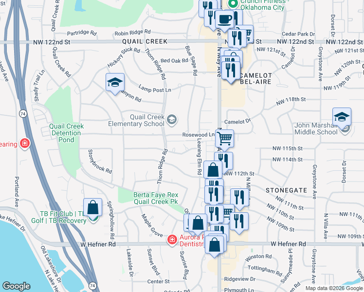 map of restaurants, bars, coffee shops, grocery stores, and more near 3015 Willow Brook Road in Oklahoma City