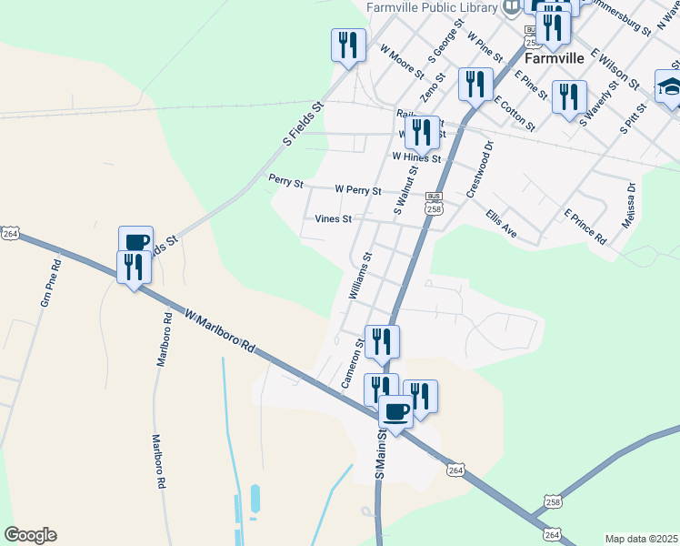 map of restaurants, bars, coffee shops, grocery stores, and more near West Vines Street in Farmville