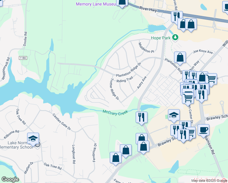 map of restaurants, bars, coffee shops, grocery stores, and more near 127 Trotter Ridge Drive in Mooresville