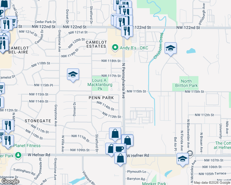 map of restaurants, bars, coffee shops, grocery stores, and more near 2121 Northwest 115th Terrace in Oklahoma City