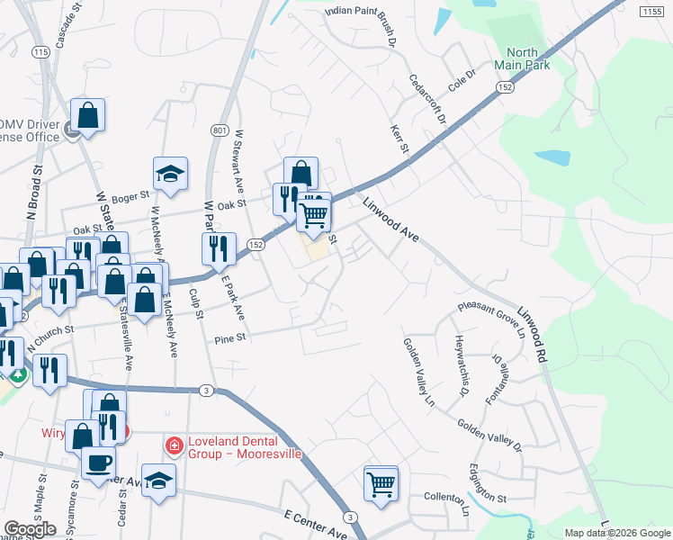 map of restaurants, bars, coffee shops, grocery stores, and more near 1116 Pine Street in Mooresville