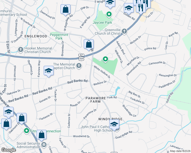map of restaurants, bars, coffee shops, grocery stores, and more near 1904 Buxton Road in Greenville
