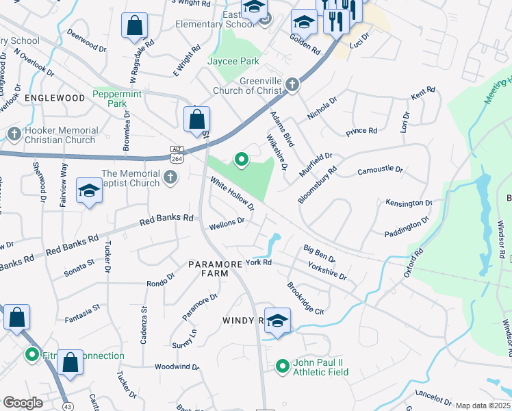 map of restaurants, bars, coffee shops, grocery stores, and more near 1945 White Hollow Drive in Greenville