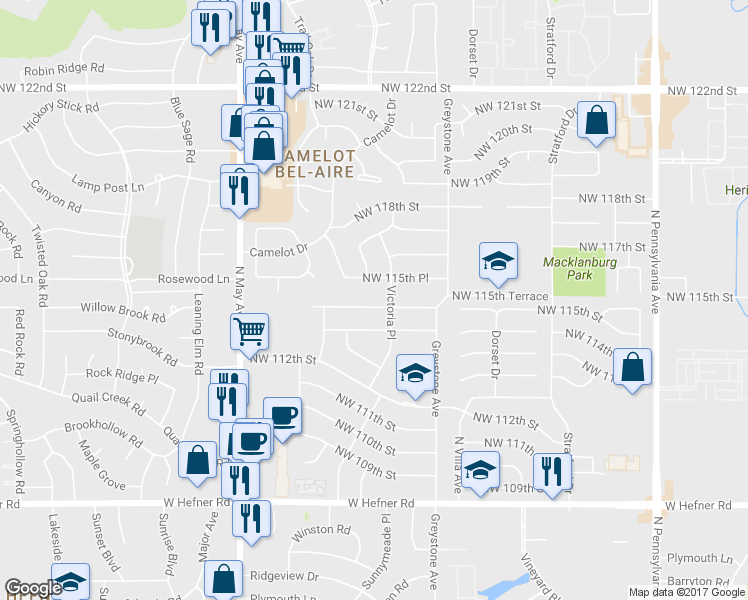 map of restaurants, bars, coffee shops, grocery stores, and more near 2609 Northwest 115th Street in Oklahoma City