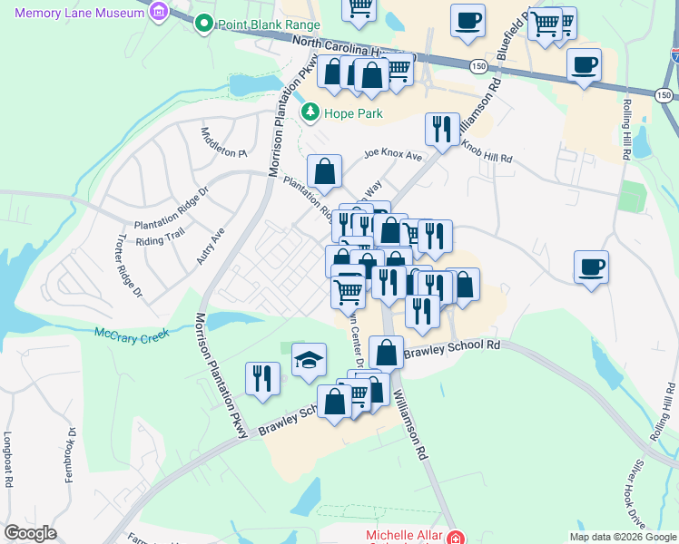 map of restaurants, bars, coffee shops, grocery stores, and more near 111 Quarter Lane in Mooresville