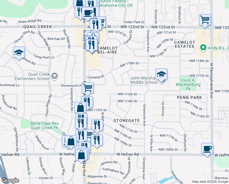 map of restaurants, bars, coffee shops, grocery stores, and more near 2705 Northwest 115th Street in Oklahoma City