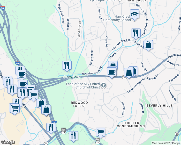 map of restaurants, bars, coffee shops, grocery stores, and more near 300 New Haw Creek Road in Asheville