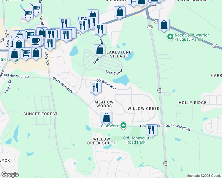 map of restaurants, bars, coffee shops, grocery stores, and more near 1632 Old Bramble Lane in Fuquay Varina