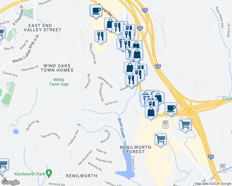 map of restaurants, bars, coffee shops, grocery stores, and more near 475 Kenilworth Road in Asheville
