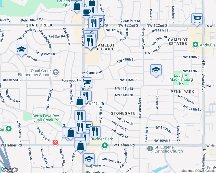 map of restaurants, bars, coffee shops, grocery stores, and more near 2713 Northwest 115th Street in Oklahoma City