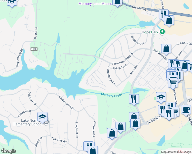 map of restaurants, bars, coffee shops, grocery stores, and more near 109 Grayfox Drive in Mooresville