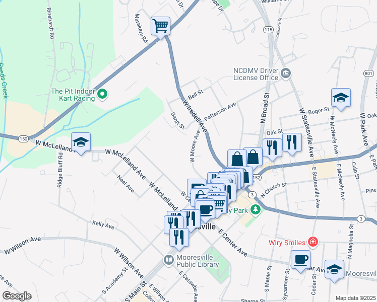 map of restaurants, bars, coffee shops, grocery stores, and more near 388 West Moore Avenue in Mooresville