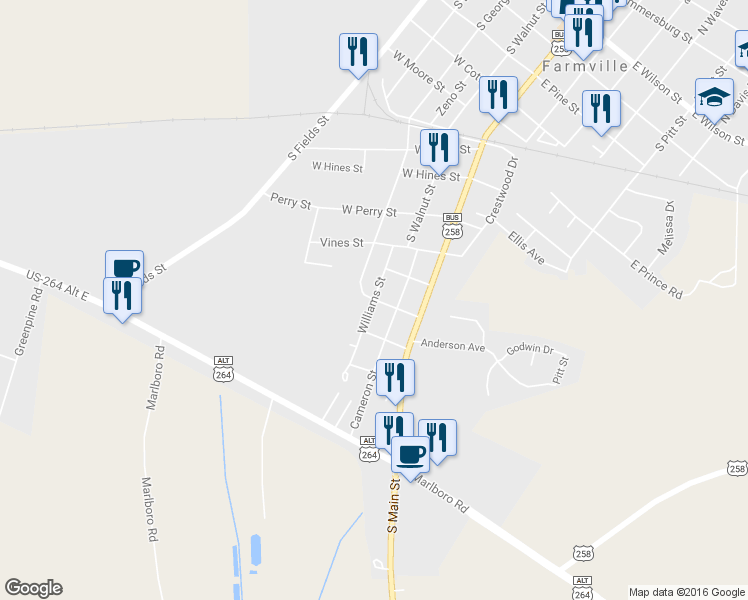 map of restaurants, bars, coffee shops, grocery stores, and more near Williams Street in Farmville
