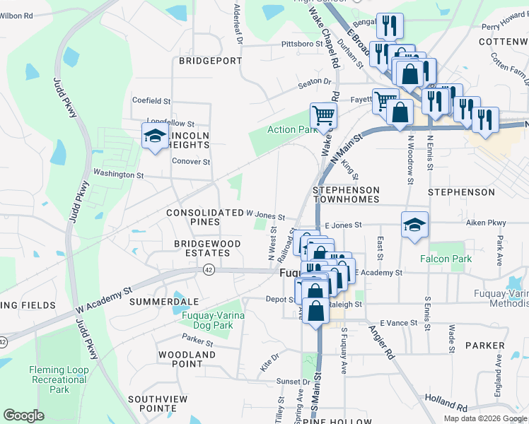 map of restaurants, bars, coffee shops, grocery stores, and more near 207 North West Street in Fuquay-Varina