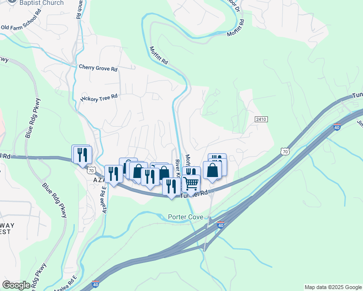 map of restaurants, bars, coffee shops, grocery stores, and more near 31 Moffitt Branch Road in Asheville