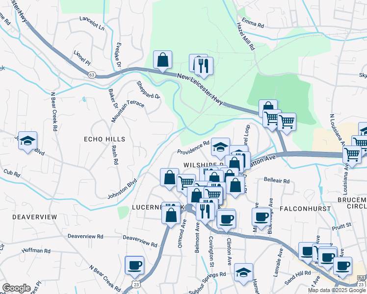 map of restaurants, bars, coffee shops, grocery stores, and more near 78 Providence Road in Asheville