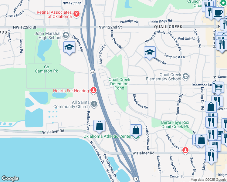 map of restaurants, bars, coffee shops, grocery stores, and more near 11407 Springhollow Road in Oklahoma City