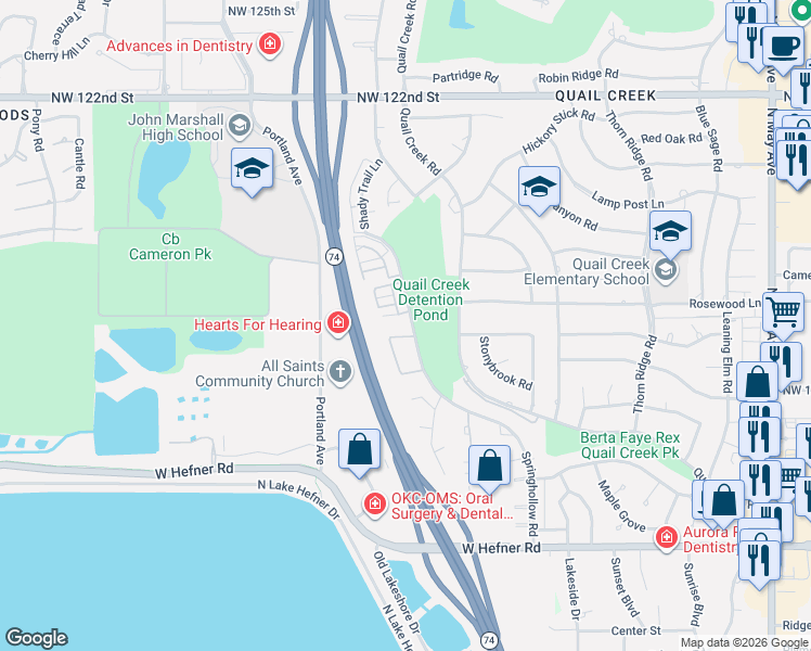 map of restaurants, bars, coffee shops, grocery stores, and more near 11407 Springhollow Road in Oklahoma City