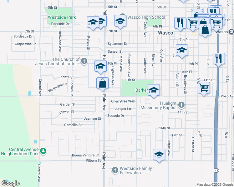 map of restaurants, bars, coffee shops, grocery stores, and more near 1916 Poso Drive in Wasco