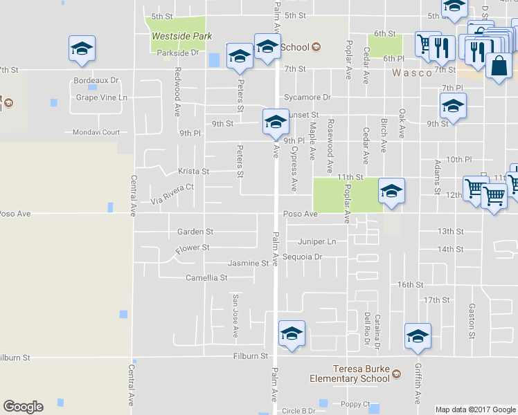 map of restaurants, bars, coffee shops, grocery stores, and more near 2126 Poso Drive in Wasco