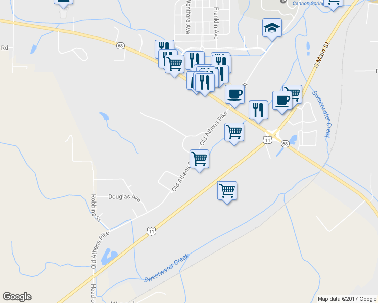 map of restaurants, bars, coffee shops, grocery stores, and more near 148 Old Athens Pike in Sweetwater